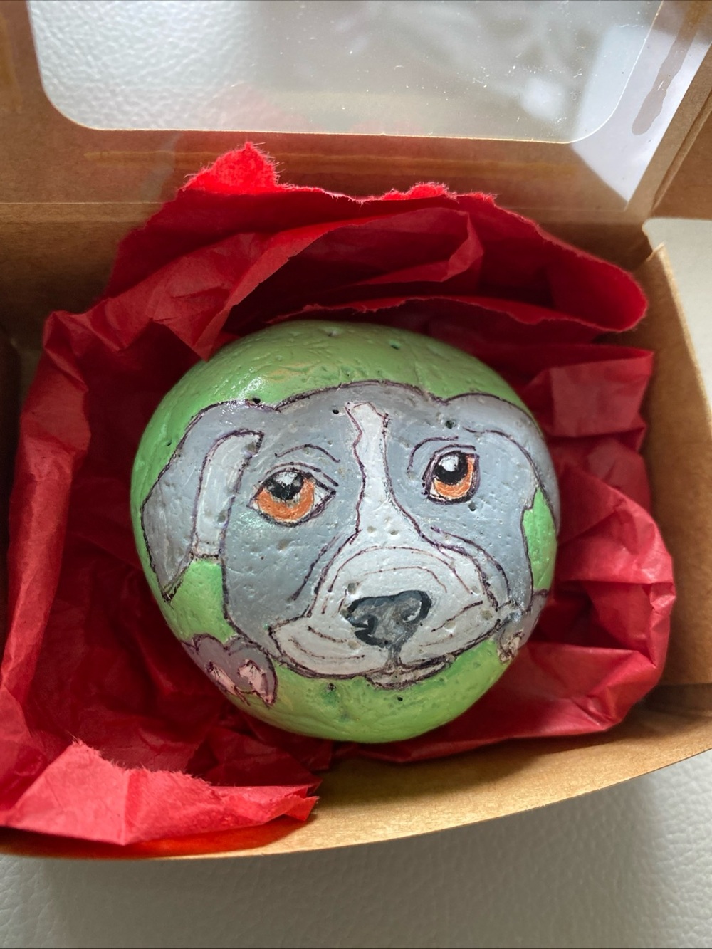 Hand-Painted Pitbull Dog on Natural Stone Rock art